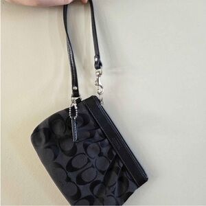 Coach Black Monogram Wristlet with Leather Trim